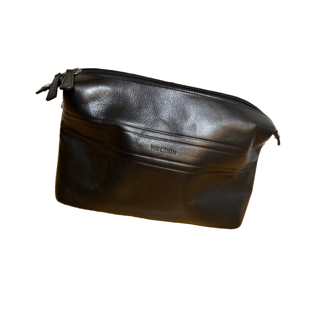 Black Leather Travel Kit Hidesign Toiletry Dopp Wash Bag Zipper